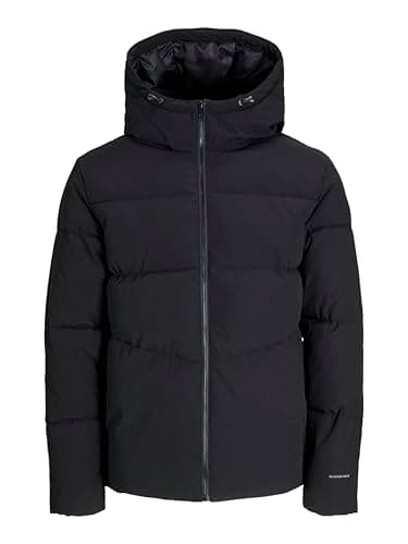 Image of JACK & JONES Mens Puffer Jacket Hooded Long Sleeve Detachable Hood Full Zip Outdoor Windproof Jacket for Men, Black Colour, UK Size - XXL