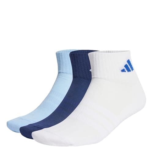 Image of adidas Unisex CUSHIONED SPORTSWEAR ANKLE SOCKS 3 PAIR PACK, dark blue/white/glow blue, 4.5-6