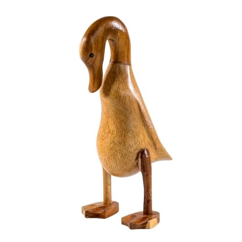 Image of Darthome Teak Wood Shy Duck Ornament, Brown, Natural Finish, Hand Carved, Freestanding, Country Style, 25cm