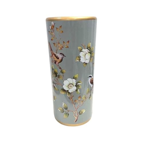 Image of Classic Ceramic Hexagonal 18” Tall Umbrella Stand – Multi-Functional Holder or Decorative Vase, Zebra Safari Design with Durable Glazed Finish for Home, Office, or Entryway (Grey Floral Leaf Design)