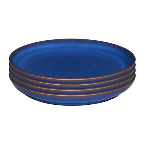 Image of Denby - Imperial Blue Medium Plates Set of 4 - Dishwasher Microwave Safe Crockery 21cm - Royal Blue Coupe Ceramic Stoneware Tableware - Chip & Crack Resistant Lunch Plates