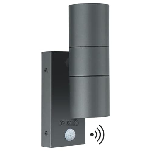 Image of Kerry Outside Wall Lights with Sensor, IP65 Waterproof Up Down Outdoor Lighting, External Pir Wall Mount Security Light, Anthracite Grey Stainless Steel Exterior Light Mains Powered (Bulb Excl.)