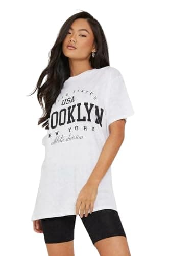 Image of T-Shirts for Women Short Sleeve Round Neck Oversized Slogan Printed Tshirt Long Casual Summer Baggy Fashion Ladies Tees Plus Size Tshirts Tops Brooklyn New York-White-XL