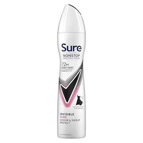 Image of Sure Women Nonstop Protection Invisible Pure Deodorant Body Spray Antiperspirant with body heat activated technology & white mark protection for 72 hour odour and sweat protection 250 ml, Pack of 6