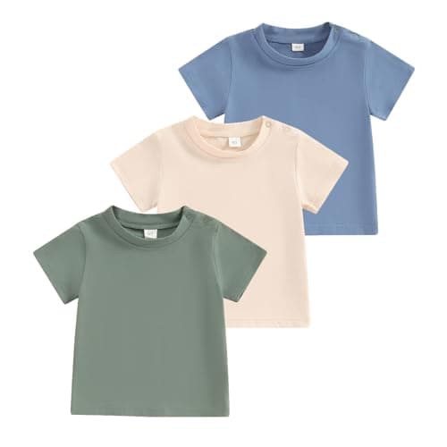 Image of Himllauen Baby Boy 3Pcs T-Shirt Toddler Boy Short Sleeve Solid Color Shirts Round Neck Casual Summer T-Shirts for Baby Boy (Ivory Green Blue, 2-3 Years)