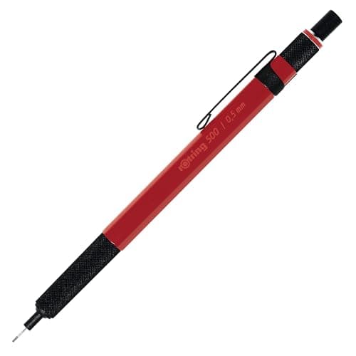 Image of rOtring 500 Mechanical Pencil | 0.5mmHB Lead | Red hexagonal plastic barrel and non-slip textured metal grip