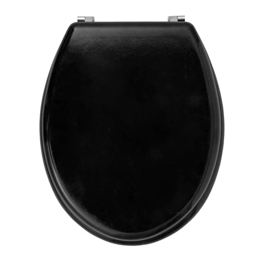 Image of Beldray LA032355BLKFEU7 Wooden Toilet Seat – Oval Toilet Over With Lid, Fits Most Sized Toilets, Durable Stainless Steel Hinges, Quick & Easy To Fit, Easy To Clean, Stylish Black Design, 360 x 428 mm