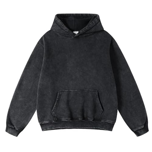 Image of OSACOD Mens Oversized Hoodies Pullover Vintage Sweatshirt Acid Wash Heavyweight Plush Cotton Baggy Streetwear Top Athletic, Black, L