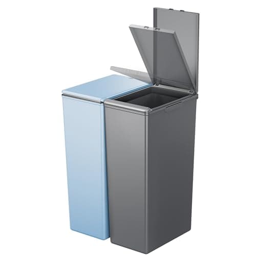 Image of EKO Morandi Twin Pack (2 x 30L) Kitchen Bin with Touch-Top Lids, Plastic Double Bins with Recycling Stickers and Easy-Clean Finish, for Home or Office, Dark Grey & Titanium Blue