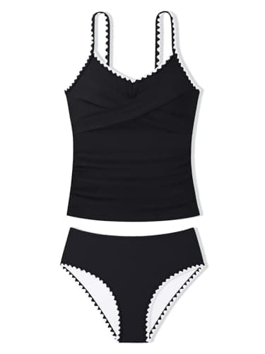 Image of URMAGIC Girls Swimsuit 2-Piece Tankini Contrast Trim Swimwear Kids Bathing Suit Teen Swim Suit for Girls 9-16Y