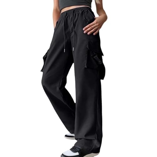 Image of Womens Cargo Trousers Elasticated Waist Plus Size Cargo Pants Multiple Pockets Hiking Pants Ladies Summer Outdoor Trouser Solid Color Wide Leg Trousers Baggy Tracksuit Bottoms S-5Xl Black