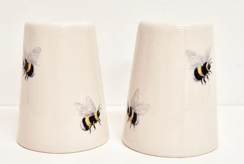 Image of Bumble Bees Salt & Pepper Cruet Set Cream Conical Earthenware Shakers Hand Decorated in UK