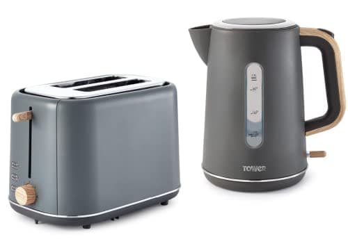Image of Tower Scandi Grey 1.7L 3KW Rapid Boil Kettle & 2 Slice Toaster. Matching Scandinavian Minimalist Design Kettle & 2 Slice Toaster Set in Grey
