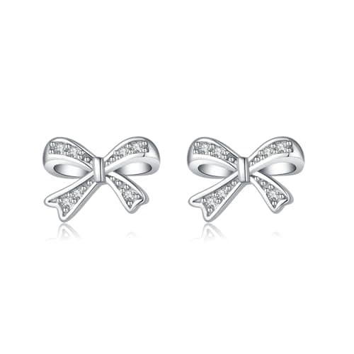 Image of SLUYNZ Solid 925 Sterling Silver Tiny Bow Earrings Stud for Women Teens CZ Bowknot Stud Earrings (A-Silver)