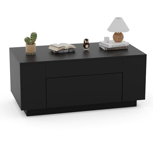 Image of BonVache Coffee Table with Storage, Rectangular Coffee Table with Hidden Drawer for Living Room, Minimalist Tea Table for Modern Home, Drawer Desk for Home Office Furniture,Black