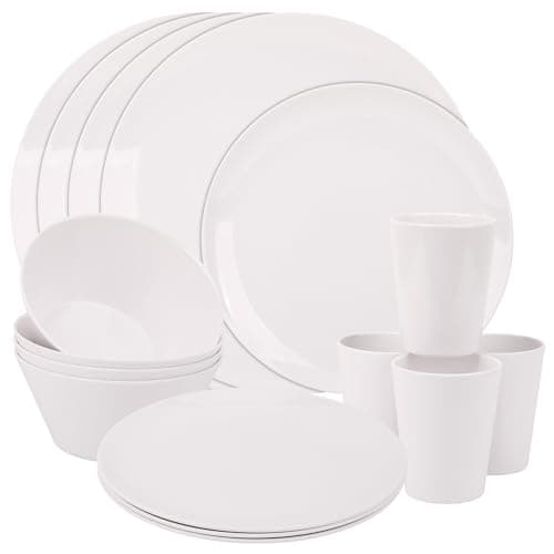 Image of Event Decor Shop 16-Piece White Coloured Melamine Dinner Set | Plates, Dessert Plates, Bowls & Cups | Service for 4 | Reusable & Lightweight | Perfect for Indoor, Outdoor, Picnics & Camping