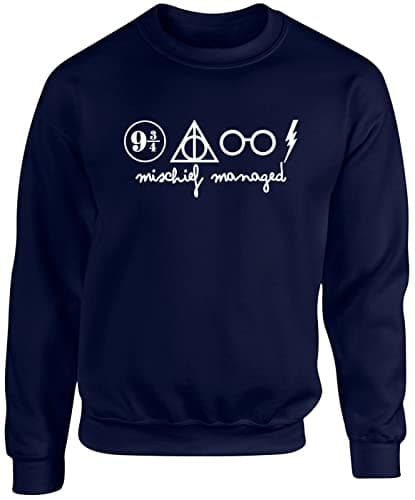 Image of Hippowarehouse Mischief Managed Symbol Design Unisex Jumper Sweatshirt Pullover (Specific Size Guide in Description) Navy Blue