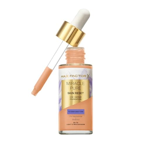 Image of Max Factor Miracle Pure Skin Reset Serum Foundation, 50-70 Light To Medium Warm, 2-in-1 Serum Formula, Healthy Looking Skin, Medium Coverage, Satin Matte Finish, 2% Niacinamide, 30ml