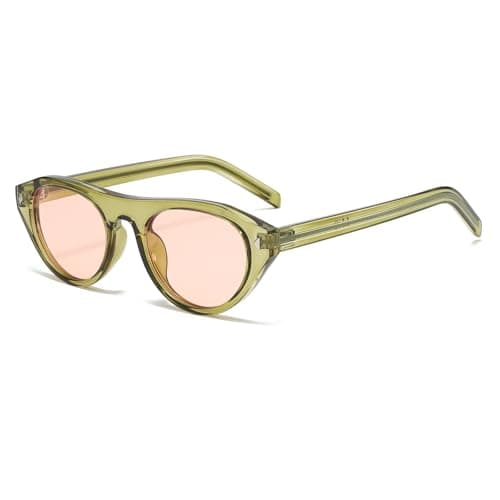Image of Long Keeper Oval Cat Eye Sunglasses for Women Ladies Trendy Small Round Sunglasses Retro Vintage Cateye Shades with UV Protection for Travel Driving Daily (Clear Green Frame - Champagne Lens)
