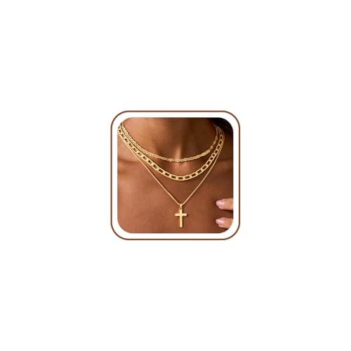 Image of TINGN Gold Tone Necklace for Women 14K Gold Plated Layered Necklaces Dainty Stackable Pendant Necklace Layering Chunky Cuban Mirror Chain Cross Pendant Necklace Trendy Women's Jewelry Gifts