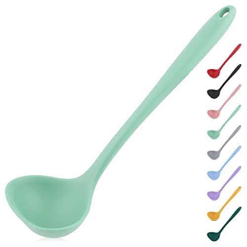 Image of Silicone Ladle with Comfortable Grip, Seamless Non-Stick Spoon for Cooking - Green