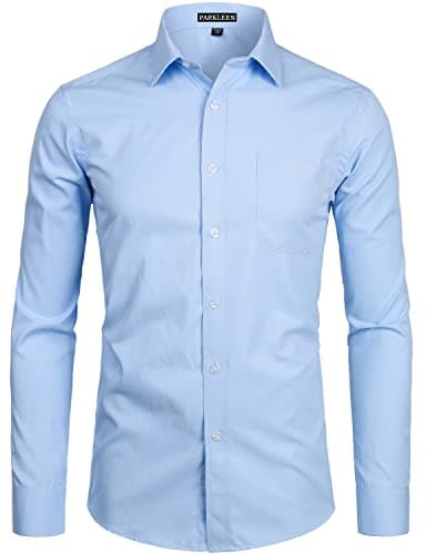 Image of PARKLEES Men's Long Sleeve Dress Shirt Solid Slim Fit Casual Business Formal Button Up Shirts with Pocket Blue M