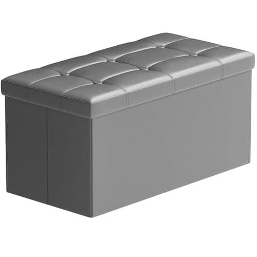 Image of BRIAN & DANY Folding Ottoman Storage Bench with Lid, Foot Stool Faux Leather Large Storage boxes with Lid, Gray, 80 x 40 x 40 cm