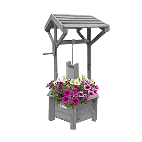 Image of Vivo Technologies Wooden Wishing Well Planter for Garden, Wishing Well Garden Feature Outdoor Flower Pot Backyard Decor, Grey