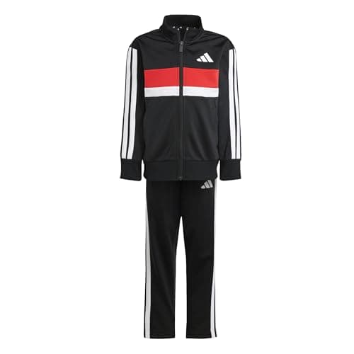 Image of adidas Unisex Kids SEASONAL ESSENTIALS TIBERIO 3 STRIPES TRICOT TRACKSUIT, black/white/pure ruby, 7-8 Years
