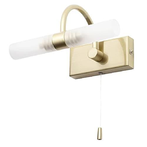 Image of Britalia Satin Brass Bathroom Vintage Switched Swan Neck Wall Light with Double Frosted Shades | 20cm Width | 2 x G9 Capsule Lamps Required | IP44 | 240V UK | Picture & Mirror Light