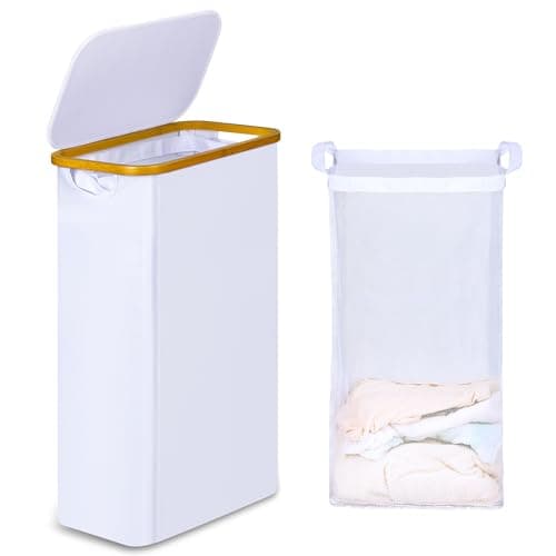Image of iEGrow Washing Basket for Laundry, 60L Slim Laundry Basket with Removable Inner Bag, Bamboo Handles, White