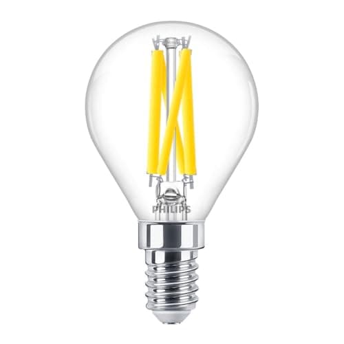 Image of Philips Master LED E14 Golfball Filament Clear 5.9W Dimmable LED Bulb – Dim to Warm 2200K–2700K, CRI 90+ Best Colour Rendering, 806lm, Energy Efficient 60W Incandescent Replacement, Filament Lamp