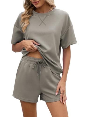 Image of Famulily Co ord Sets for Women Summer Tracksuit Full Set Short Sleeve Pullover Tops and Split Hem Shorts with Drawstring Coffee M