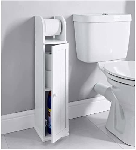 Image of Homme Concept - Free standing white wooden Toilet Paper Roll Holder with Shelf, Bathroom Storage Tissue Organizer