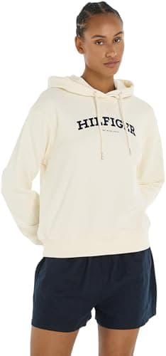 Image of Tommy Hilfiger Women's Crv Monotype Varsity Hoodie Ww0ww42519 Hoodies, Beige (Calico), 52