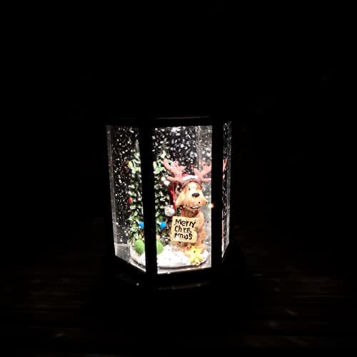 Image of Snowtime 18cm Battery Operated LED Christmas Glitter Water Spinner Black Lantern Dog & Tree Scene