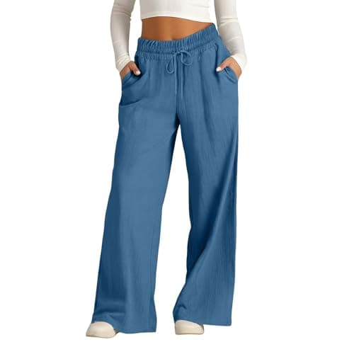 Image of Cotton Linen Trousers for Women UK - Wide Leg Casual Trousers with Pockets Summer Beach Pants Elastic Waist Lightweight Lounge Pants High Waisted Drawstring Trouser S-5Xl Blue