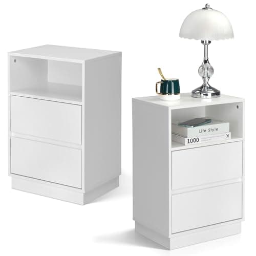Image of Karl home Bedside Table, Set of 2 Side End Table Nightstand with 2 Drawers, Open Storage Shelf, Wooden Modern Night Stand for Living Room, Bedroom, Study, Small Spaces, White