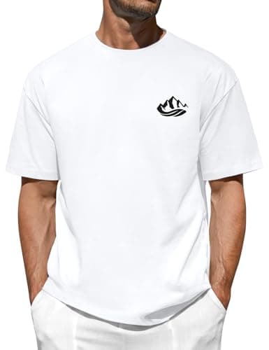 Image of Xnova Mens Tshirts with Mountains Pattern Printed, Short Sleeve T-Shirt Original Tee Crew Neck Versatile Soft Basics Casual Tops for Man (White, L)