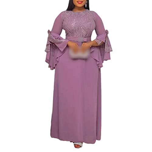 Image of Kelsiop Women's Plus Size African Party Dress Fashion Ankara Lace Wedding Dress Elegant Muslim Kaftan Long Dress Lavender L