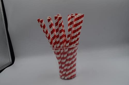 Image of 250 x Compostable Smoothiee Straws - 8mm Wide x 200mm Long Paper Straws | Biodegradable Red & White Strip Disposable Straw for Smoothies, Milkshakes, Slushies - Eco-Friendly