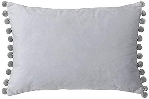 Image of Riva Paoletti Fiesta Rectangular Feather Filled Cushion Pompom Edges-Faux Velvet Fabric-Discreet Zip Closure-100 Case (14" x 20" inches), Polyester, Dove/Silver, 35 x 50cm