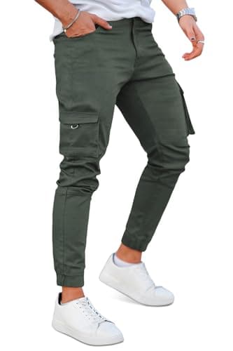 Image of GINGTTO Cargo Trousers for Men Slim Fit Work Pants Stretch Hinking Joggers Tapered Trouser with Pockets Army Green 30