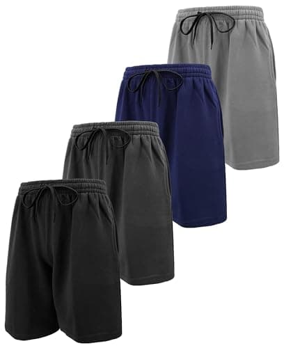 Image of Andrew Scott Mens Cotton Knit Gym Shorts | Mid Weight Fleece Jogger Sweat Shorts|Drawstring & Pockets | Multi Packs, 4 Pack-black |Charcoal | Grey |Navy, Small