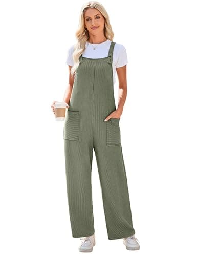 Image of SotRong Summer Stylish Pinstripe Jumpsuit for Women Casual Loose Baggy Fit Wide-Leg Overalls with Pockets Adjustable Straps Sleeveless Romper Army Green L