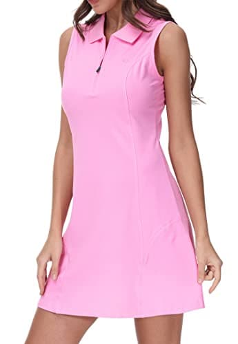Image of JINSHI Women Casual Sports Polo Dress Sleeveless Cotton Classic Mini Pique Polo Dress Ladies Pink Size M