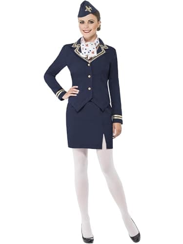 Image of Smiffys Airways Attendant Costume, Blue with Jacket, Skirt, Scarf and Hat, Icons & Idols Fancy Dress, Adult Dress Up Costumes