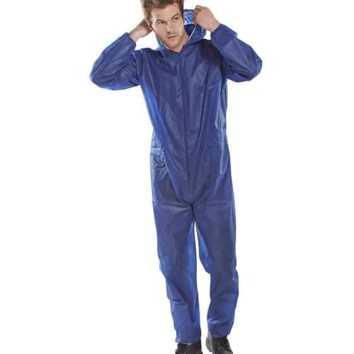 Image of IndustraCare Poly Prop Navy Blue Economy Lightweight Disposable Overall Boilersuit - Zip up, elasticated hood, ankles and wrists (Large)