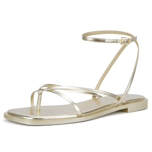 Image of DIFEMA Womens Flats Sandals Square Toe Strappy Ankle Strap Flats, LESLIE-GOLD-9, Gold, 7 UK