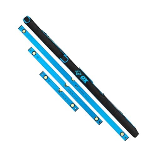 Image of OX Pro Tuff 3-Piece Spirit Level Set with Carry Bag - 600mm,1200mm, 1800mm, Heavy Duty Aluminium with Shock-Resistant Rubber End Caps, 3 Ultra Precision Vials, Easy-Clean, Clog-Free Design, OX-P506803